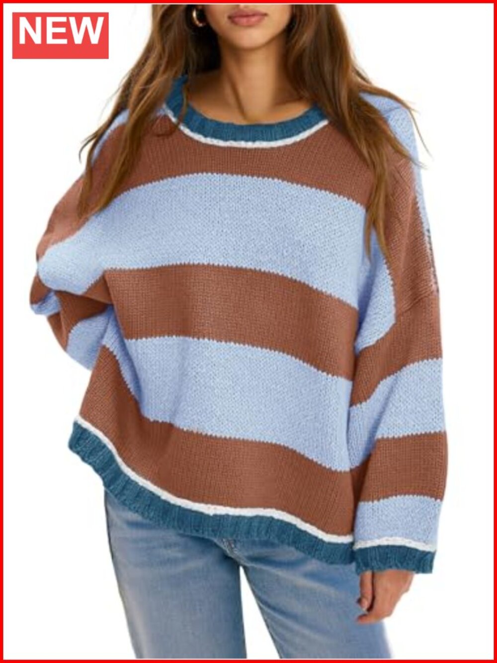 Oversized Striped Color Block Long Sleeve Knit Pullover Crewneck